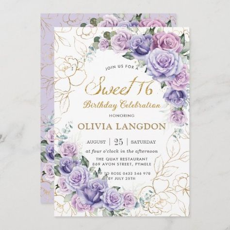 Sweet 16 Invites, Line Art Watercolor, Foil Flowers, Purple Sweet 16, Sweet Sixteen Birthday Party Ideas, Birthday Invitation Card Template, Purple Invitations, 16 Invitations, Sweet 16 Birthday Cake