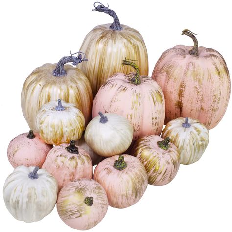 PRICES MAY VARY. Quantity: Package contains 7 pcs artificial gold brushed white pumpkins and 7 pcs artificial gold brushed pink pumpkins in assorted sizes. Use them to create classy displays for your Thanksgiving, Halloween, autumn wedding or special events. Color: This set of decorative pumpkins features characteristic pumpkin shapes and painted in harvest white and pastel pink, luminous gold brush is then added to each pumpkin. They are topped with whitewashed stems or brown stems. These are p Pink And White Pumpkin Decor, Pink And Gold Pumpkins, Fall Baby Shower Tables, Fall Baby Shower Flower Centerpieces, Pink Thanksgiving Decorations, Pink October Ideas, Fall Baby Shower Centerpieces, Pink Pumpkin Baby Shower Ideas, Rustic Fall Wedding Decor