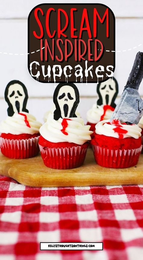 Scream Cupcakes on red checkered napkin Scream Themed Desserts, Scream Inspired Food, Scream Movie Party Decorations, Scream Bday Party Ideas, Scream Movie Party Ideas, Ghostface Cupcakes, Scream Themed Food, Horror Movie Birthday Party Ideas, Ghostface Birthday Party