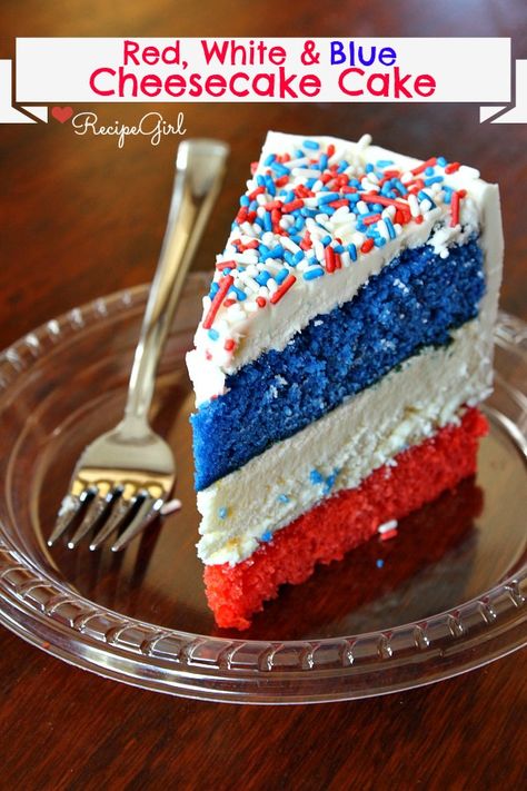 Red, White and Blue Cheesecake Cake Recipe from RecipeGirl.com Red White And Blue Cheesecake, Blue Cheesecake, Cheesecake Cake Recipes, Patriotic Food, Patriotic Desserts, 4th Of July Cake, 4th Of July Desserts, Brownie Desserts, Fourth Of July Food