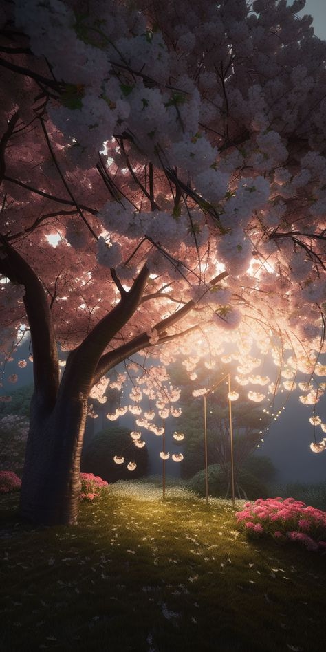 Tokyo Blossom Trees, Cherry Blossom Night Wallpaper, Sakura Flower Wallpaper Anime Art, Anime View Aesthetic, Anime Park Scenery, Cherry Blossom Wallpaper Aesthetic Anime, Pink Blossom Aesthetic, Japanese Theme Wallpaper, Japanese Aesthetic Background