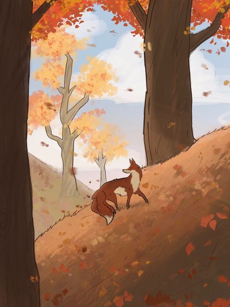 Red Fox Therian Wallpaper, Fox Forest Illustration, Fox In Forest Illustration, Red Fox Therian Art, Fox From Behind, Fall Fox Drawing, Aesthetic Fall Posters, Fox Aesthetic Drawing, Fall Posters Aesthetic