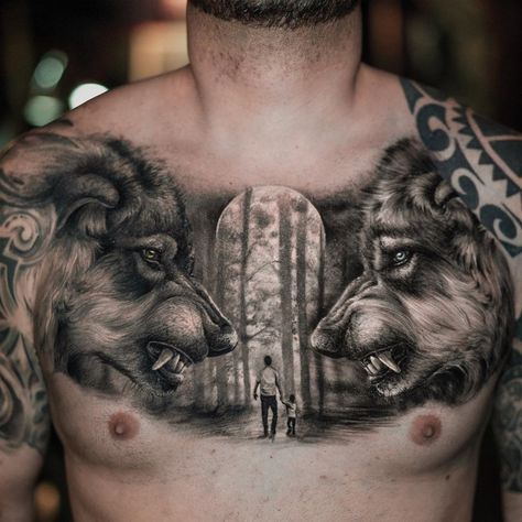 Interesting chest piece with wolf portraits on either side and a farther and son walking into a forest Chest Tattoo Wolf, Tiger Tattoo Sleeve, Wolf Tattoos Men, Rose Tattoos For Men, Two Wolves, Bear Tattoos, Muster Tattoos, Cool Chest Tattoos, Wolf Tattoo Design