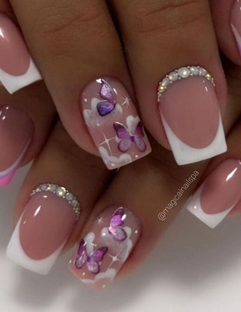 Butterfly Nail Designs, Purple Acrylic Nails, Romantic Nails, Purple Nail Designs, Stylish Nails Designs, Nails Design With Rhinestones, Rose Gold Nails, Nail Art Designs Diy, Short Square Acrylic Nails