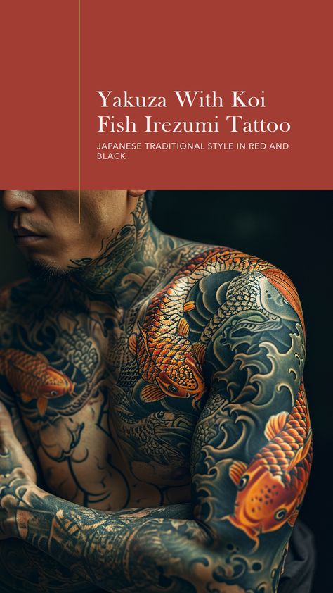 Yakuza member with vibrant Koi Fish Irezumi Tattoo on chest and arms Chest Tattoo Japanese, Irezumi Sleeve, Yakuza Style Tattoo, Tato Irezumi, Tatuajes Irezumi, Traditional Japanese Tattoo Sleeve, Tattoo Simple Design, Japanese Leg Tattoo, Koi Tattoo Sleeve