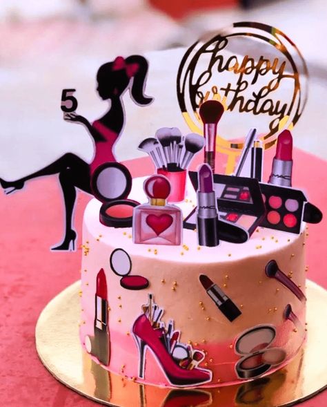 Makeup Cake Ideas Birthdays, Makeup Cake Design, Birthday Cake Makeup, Makeup Theme Cake, Makeup Birthday Cake, Photo Print Cake, Makeup Birthday Cakes, Barbie Doll Birthday Cake, Makeup Birthday