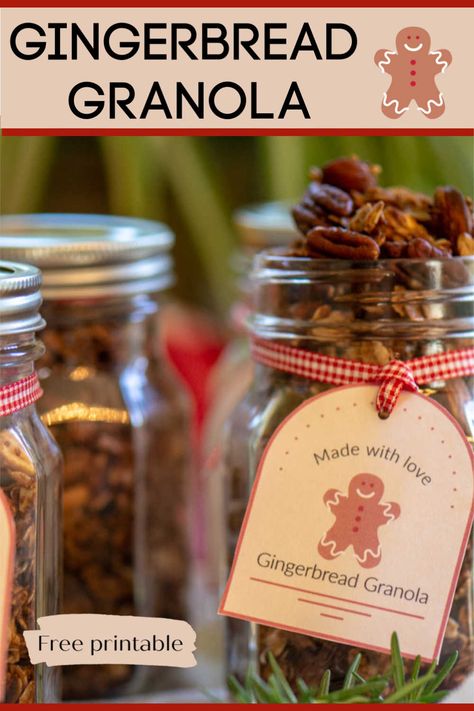 Adorable, delicious and easy-to-make, this Gingerbread Granola makes for a perfect Holiday Treat and Gift! #MasonJar #MasonJarGifts #Granola #Gingerbread via @savorandsavvy Gingerbread Gifts Ideas, Shelf Stable Food Gifts, Christmas Granola Gift In A Jar, Christmas Granola Recipe, Food Christmas Gifts Homemade, Gingerbread Gift Ideas, Granola Gift Ideas, Homemade Granola Gift, Granola Christmas Gift