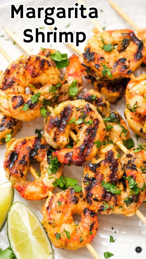 Grilled Margarita Shrimp Skewers - Reluctant Entertainer Easy Shrimp Skewers, Margarita Shrimp Recipes, Cinco De Mayo Shrimp Recipes, Shrimp Skewers Grill, Margarita Shrimp, Easy Bbq Recipes, Grilled Shrimp Skewers, Blackstone Grill, Shrimp Skewers