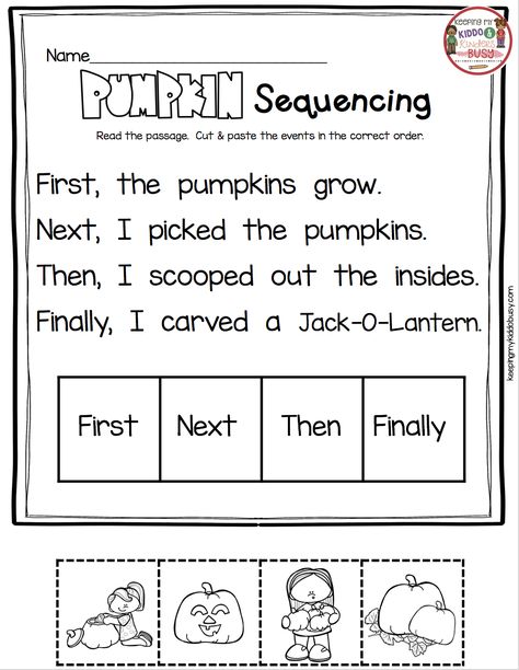 PUMPKIN SEQUENCING - plus October in kindergarten reading and math worksheets no prep activities - alphabet - numbers - counting - sight words and more! FREEBIES - print free worksheets #kindergarten #october Kindergarten October, Sequencing Activities Kindergarten, October Math, No Prep Activities, Sequencing Worksheets, October Activities, Kindergarten Classroom Decor, Prep Activities, Worksheets Kindergarten