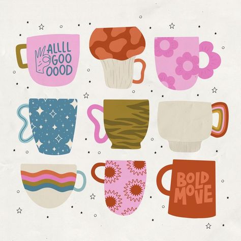 mug design, mug design painted, mug art, coffee mugs, coffee mug art, all good quote, bold move, bold coffee, coffee mug aesthetic, anthropology inspired Coffee Mug Illustration, Eclectic Mugs, Coffee Mug Aesthetic, Designing Kitchen, Mug Illustration, Coffee Mug Art, Mug Aesthetic, Coffee Doodle, Mug Drawing