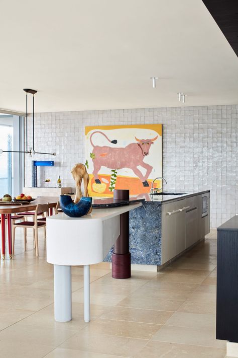 YSG designs playful Sydney penthouse for empty nesters White Moroccan Tile, Patchwork Sofa, Pink Armchair, Mid Century Furnishings, Kitchen Interiors, Dream Weaver, Study Nook, Glass Floor Lamp, Studio Kitchen