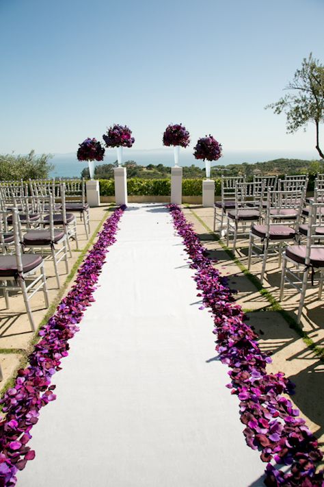 Luv this purple Wedding aisle flower décor, wedding ceremony flowers, pew flowers, wedding flowers, add pic source on comment and we will update it. www.myfloweraffair.com can create this beautiful wedding flower look. Wedding Isles, Wedding Ceremony Ideas, Purple Wedding Theme, Purple Color Palettes, Wedding Ceremony Flowers, Ceremony Flowers, Lavender Wedding, Wedding Aisle, Estate Wedding