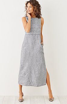 4d6e4749289c4ec58c0063a90deb3964desc41472779ri Sukienki Maksi, Áo Blu, Striped Linen Dress, Gray Dresses, Neck Women, Casual Stripes, Linen Dresses, Linen Clothes, Mode Inspiration