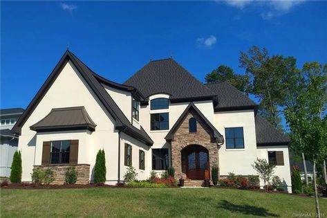 Black Roof & Trim Option Black And White Exterior, Brown Brick Houses, French Country Exterior, Roof Trim, Black Roof, Exterior Inspiration, Brown Brick, House Trim, Roof Colors