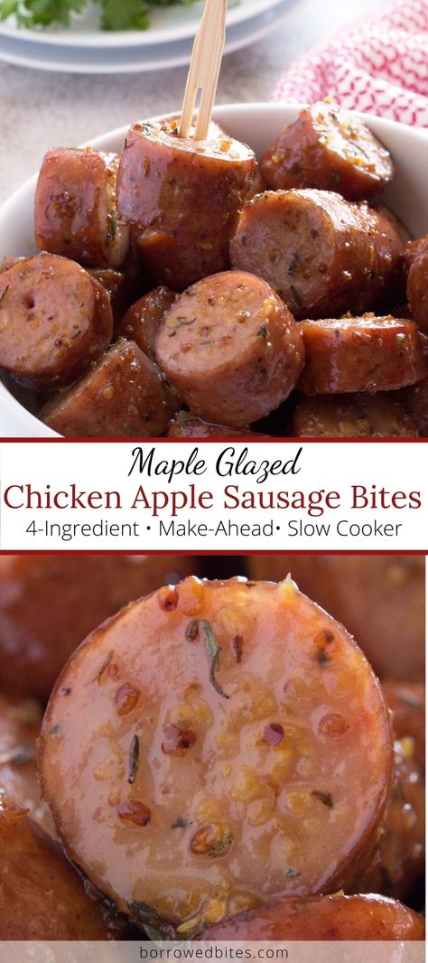 With only 4 ingredients and 5 minutes of hands-on time, these Chicken Apple Sausage Appetizers make the best party snack! Start with Aidells chicken apple sausages (or a similar brand), cover in a ridiculously delicious maple mustard glaze, then warm in the slow cooker. Perfect for potlucks, brunch, parties, and game day! Chicken Apple Sausage Crockpot, Maple Glazed Sausages, Adele Chicken Apple Sausage Recipes, Chicken Apple Sausage Appetizers, Apple Gouda Sausage Recipes, Chicken Sausage Appetizer, Chicken And Apple Sausage Recipes, Sausage Appetizers For Party, Apple Sausage Recipes