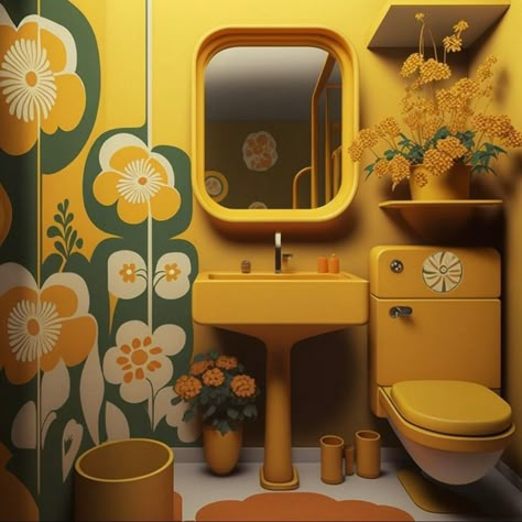 Vintage 60s Bathroom, 70s House Inspiration, Retro 70s Bathroom, Yellow Vintage Bathroom, Yellow Retro Bathroom, 70s Yellow Bathroom, Yellow Bathroom Aesthetic, Retro Bathroom Aesthetic, 70s Bathroom Ideas