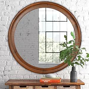 Round Wood Mirror for Wall,36 Inch Circle Decorative Mirror with Walnut Frame,Rustic Bathroom Hanging Vanity Mirror for Entryway,Bedroom or Living Room Entry Mirror With Hooks, Round Wood Frame Mirror, Round Wall Mirror Entryway, Rustic Mirrors Farmhouse Style, Round Bedroom Mirror, Wood Vanity Mirror, Hanging Vanity, Mirror For Entryway, Round Wood Mirror