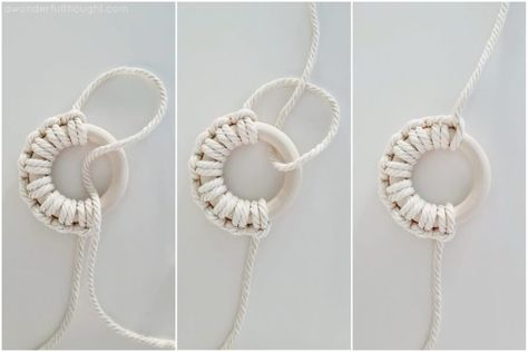 Macrame Christmas wreath ornament - A Wonderful Thought Macrame Christmas Wreath Ornament, Wooden Bead Garland Decor Ideas Christmas, Macrame Bauble Tutorial, Macrame Advent Wreath, Mini Macrame Wreath, Macrame Wreath Ornament Diy, Macrame Christmas Decorations Tutorial, Easy Macrame Wreath, Macrame Wreath Diy