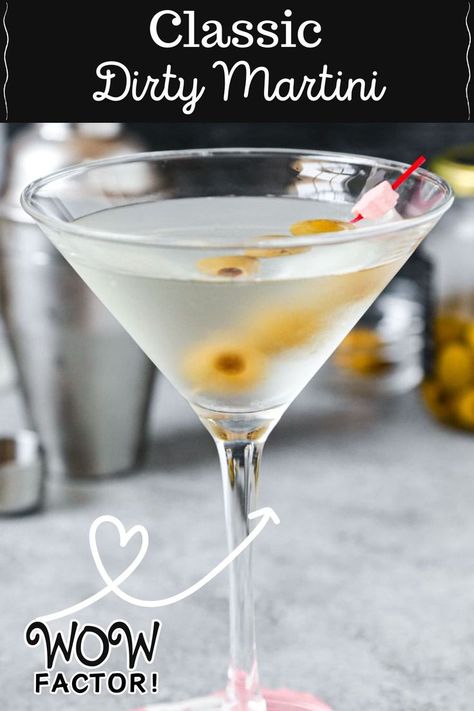 I love the salty and briny taste of a dirty martini! The combination of olives and smooth vodka makes this chilled and fancy looking cocktail a favorite among those who prefer salty over sweet. My recipe is light and easy to drink. Classic Dirty Martini Recipe, Dirty Martini Vodka, Martini Recipes Easy, Sweet Martini, Dirty Martini Recipe, Martini Recipes Vodka, Martini Ingredients, Vodka Wine, Martinis Drinks