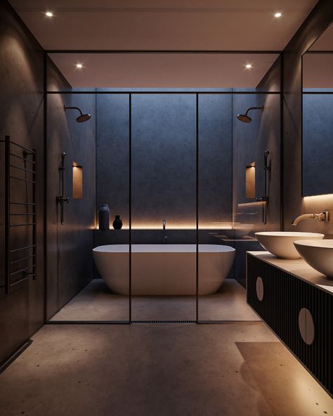 Modern Big Bathroom Design, Big Modern Bathroom, Modern Bathroom Design Latest Trends, Big Bathroom Ideas, Dark Modern Bathroom, Bathroom Interior Design Modern, Dark Bathrooms, Washroom Design, Bathroom Design Inspiration