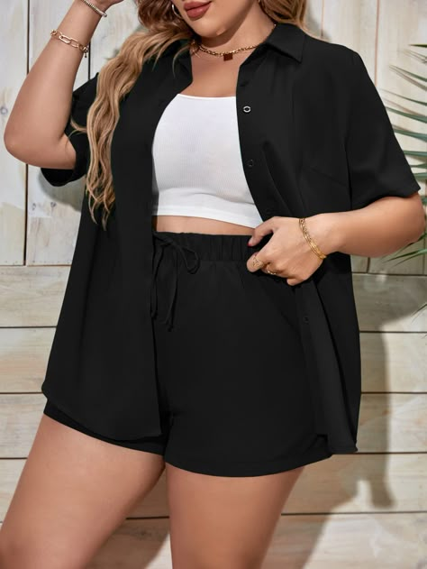 Black Casual Collar Half Sleeve  Plain  Embellished Non-Stretch Summer Plus Size Co-Ords Outfit With Shorts Plus Size, Button Down Plus Size Outfit, Shorts And Shirts Women, Plus Size All Black Outfit Summer, Crop Top For Plus Size Woman, Styling Black Shorts Summer Outfits, All Black Summer Outfits Plus Size, Black Shorts Black Shirt Outfit, Plus Size Short Outfits