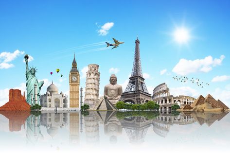 Travel the world monuments concept Premi... | Premium Photo #Freepik #photo #travel #map #world #globe Uk Famous Places, World Monuments, Freedom Photography, Travel Flyer, Photo Voyage, Word Press, World Economy, Visa Canada, Famous Monuments