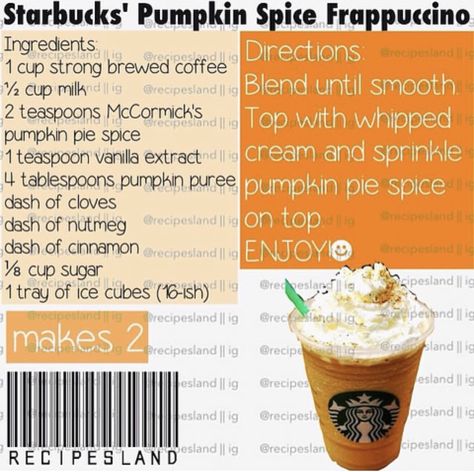 Pumpkin Spice Frappuccino Recipe, Pumpkin Frappuccino, Starbucks Frappuccino Recipe, Fall Coffee Recipes, Pumpkin Spice Frappuccino, Pumpkin Spice Drinks, Fall Drink Recipes, Diy Starbucks, Diy Pumpkin Spice