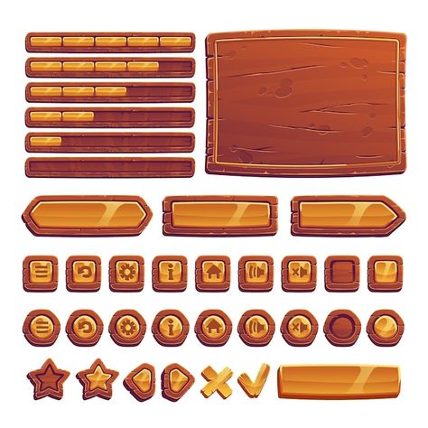 Wooden and gold buttons for ui game | Free Vector #Freepik #freevector #wood-button #menu-button #gui #play-button Ui Buttons, Idle Game, Medieval Games, Game 2d, Pirate Games, Desain Ui, Farm Games, Game Gui, Ui Game