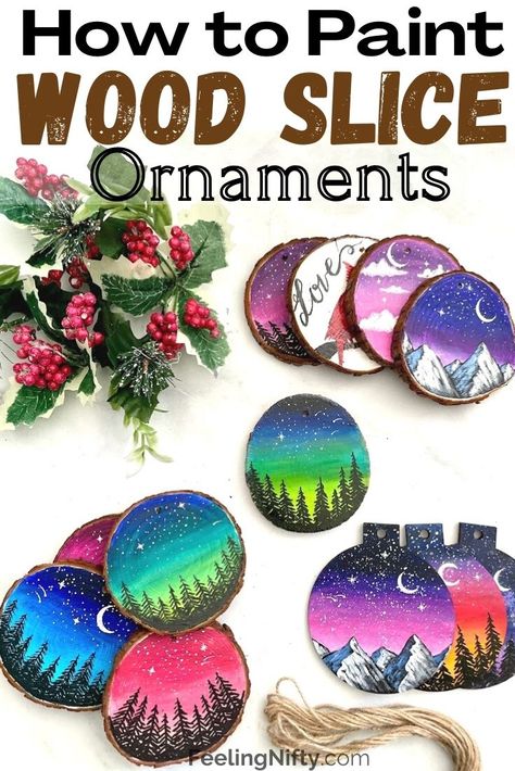 How To Paint Wood Slice Ornaments +10 Ideas To Get You Inspired Wooden Ornaments Diy, Craft Ornaments, Wood Slice Ornaments, Wood Slice Crafts, Diy Christmas Tree Ornaments, Paint Wood, Wooden Craft, Painted Christmas Ornaments, Wood Slice Ornament