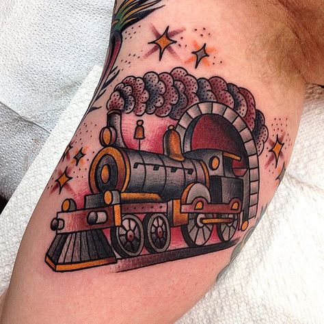 Train from today unfortunately we had to adapt the original design but here's what we did. #matthouston #matthewhouston #gastowntattoo #gtp #traditional #train Hogwarts Express Tattoo, Steam Train Tattoo, Harry Potter Tattoo Sleeve, Train Tattoo, Americana Tattoo, Hp Tattoo, Harry Potter Tattoo, Harry Potter Tattoos, Make Tattoo