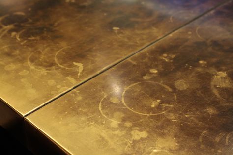 Brass countertops react during use. Also note the unique knuckle seam for clean lines. Brass Countertop, Copper Countertops, Countertop Prices, Metal Countertops, Kitchen Facelift, Barn Kitchen, Concept Stores, Cabinet Detailing, Butlers Pantry