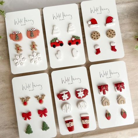 Diy Clay Christmas Earrings, Christmas Fimo Earrings, Xmas Clay Earrings, Clay Earring Christmas, Holiday Clay Earrings Diy, Christmas Stud Earrings Polymer Clay, Clay Earrings Holiday, Polymer Clay Xmas Earrings, Polymer Clay Jewelry Christmas