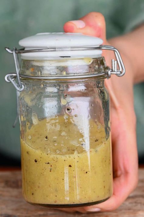 This honey mustard dressing recipe is simple to prepare in just minutes and then drizzle over everything! The honey mustard vinaigrette is sharp, tangy, and sweet with a robust flavor and hint of spice, and can be made into a healthy creamy version (with or without mayo) and even vegan honey mustard! Japanese Ginger Salad Dressing, Japanese Ginger Salad, Honey Mustard Salad, Dressing Vinaigrette, Ginger Salad Dressing, Mustard Salad, Honey Mustard Salad Dressing, Mustard Salad Dressing, Ginger Salad