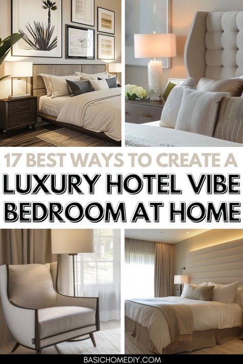 Find the 17 best ways to create a luxury hotel vibe bedroom at home. Transform your master bedroom or guest bedroom into a luxury hotel bedroom design whether you have a small bedroom or a large master suite, these luxury bedroom design ideas will help you create a stunning, cozy, and modern aesthetic. Discover budget-friendly ideas. Learn how to decorate with dark, black and gold accents, and a neutral and white color scheme to achieve a stunning and modern look in your hotel style bedroom. Luxury Bedroom Guest, Hotel Style Bedroom Curtains, Guest Bedroom Ideas Hotel Style, Luxury Hotel Bedding Ideas, Small Bedroom Hotel Style, Expensive Bedroom Luxury Aesthetic, Guest Bedroom Ideas Cozy Modern Elegant, Hotel Style Master Suite, Hotel Looking Bedroom