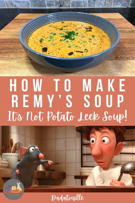 The soup from Ratatouille that Remy fixes is not potato leek soup! In this video I give some reasoning why and show my version of the recipe! I believe it is a more accurate recreation. I hope you enjoy! Disney Food Recipes Movies Ratatouille, Food From Ratatouille Movie, Potato Leek Soup From Ratatouille, Remy's Soup Recipe, Disney Soup Recipes, Ratatouille Recipes Disney, Ratatouille Movie Recipe, Ratatouille Soup Recipe Disney, Disney Ratatouille Recipe