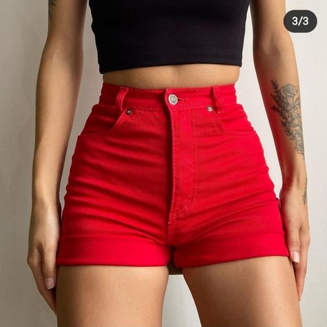 Red Shorts Aesthetic, Red Shorts Outfit Aesthetic, Red Shorts Outfit, Red High Waisted Shorts, Red Jean Shorts, Simple Trendy Outfits, Red Shorts, Cute Shorts, Dance Dresses