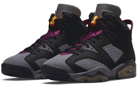 The Air Jordan 6 Retro 'Bordeaux' takes on a classic color scheme that is perfect for any Jordan fan. The shoe features a soft nubuck upper in a neutral grey colorway, with black overlays for added contrast. The translucent tongue features a multicolor print that replicates the look of the Air Jordan 7's neoprene tongue, while Bordeaux accents land on the throat and molded heel tab. A visible Air-sole unit provides lightweight cushioning in the heel, while a grey and black polyurethane midsole c Jordan Noir, Nike Air Jordan 6 Retro, Jordan Shoes For Men, Air Jordan Vi, Jordan Retro 6, Air Jordan 6 Retro, Nike Air Jordan 6, Jordan Model, Jordan 6 Retro