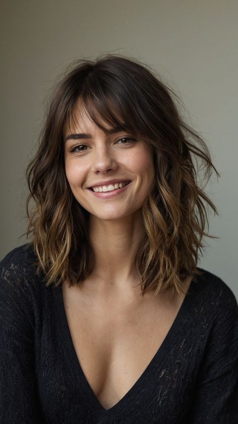 Short Hair And Bangs Straight, Wavy Haircut Side Part, Shag Hairstyle Side Part, Lobs With Side Bangs, Thick Hair Haircut With Bangs, Shoulder Length Hair Layers And Bangs, Hair Cuts For Medium Length Fine Hair, Medium Length Wavy Hairstyles For Women, Short Haircuts With Long Bangs