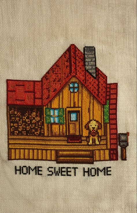 Stardew Valley House Cross Stitch wlth the dog Stardew Valley Blanket, Stardew Cross Stitch Pattern, Cottage Core Cross Stitch, Stardew Nails, Stardew Valley Cross Stitch Pattern Free, Stardew Valley Painting, Stardew Valley Crafts, Stardew Valley Cross Stitch Pattern, Stardew Valley Embroidery