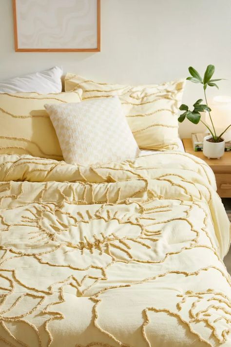 Shop Sale | Urban Outfitters Cute Comforters, Bedding Photography, Tufted Comforter, Tufted Bedding, Gold Bedding, Urban Outfitters Bedding, Yellow Comforter, Cat Castle, Boho Comforters