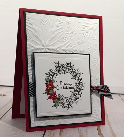 Beautiful - Clean - Classic   This 3D dimensional Christmas Card features a Poinsettia wreath Matted and raised on an embossed snowflake background. All this is mounted on a red card base and accented with a black & white ribbon.       > 4.25" x 5.5" Red Card Base       > Front message reads; "Merry Christmas"      > Inside white panel says: "Joy to the world the Lord has come" (optional blank inside)      > White envelope included      > Packaged in Clear glassine envelope unless 8 or more are ordered then they will be packaged in a clear plastic gift box *The back of my cards are always stamped with my personal brand as well as having the words "God Loves You". *If you'd like different messages please let me know. Many of my cards can be customized to fit your needs. I'll always be glad Unique Christmas Gift Tags, Vellum Overlay, Stamped Christmas Cards, Unique Christmas Cards, Simple Christmas Cards, Poinsettia Wreath, Snowflake Background, White Panel, Beautiful Christmas Cards