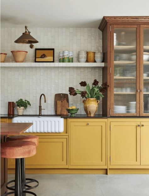 12 Paint Color & Interior Design Trends for 2024 - Amykranecolor.com Dark Yellow Kitchen Cabinets, Small Bold Kitchen, Marigold Kitchen Cabinets, Devol Scullery Yellow, Peach Cabinets Kitchens, Ochre Kitchen Cabinets, Bold Kitchen Cabinet Colors, Color Drenched Kitchen, Small Colorful Kitchen