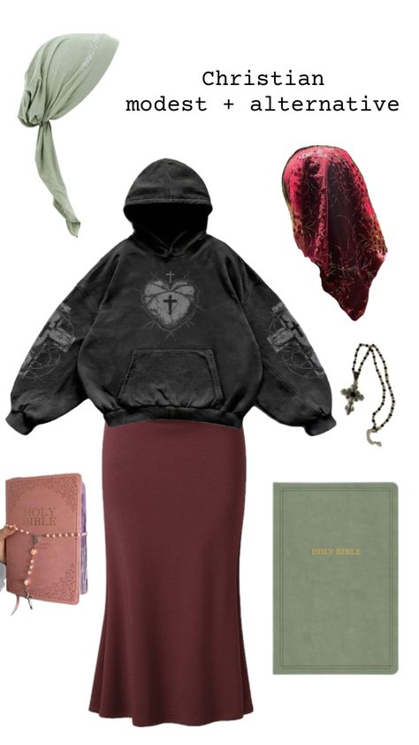 Alternative faith streetwear black oversized hoodie Christian modest fashion outfit y2k cross red long skirt modest Christian veiling and alt headcovering green and red
Catholic Modest Outfit Christian, Alt Church Outfits, Alt Modest Outfits, Modest Alt Outfits, Gothic Aesthetic Outfit, Outfit Ideas Alt, Christian Modest Outfits, Alt Streetwear, Modest Streetwear