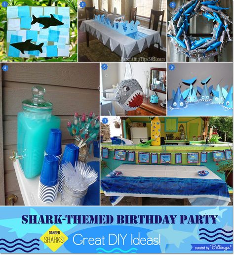 Shark-themed Boy’s Birthday Party: Great DIY Ideas! Shark Party Table Decorations, Diy Shark Party Decorations, Shark Birthday Decorations, Shark Diy, Shark Themed Birthday, Hunter Birthday, Shark Party Decorations, Baby First Birthday Themes, Shark Themed Birthday Party