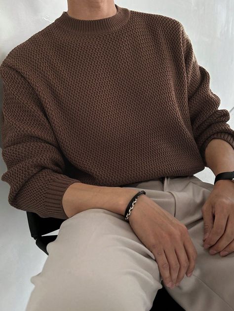 Men's Solid Color Drop Shoulder Fall Sweater Coffee Brown Casual  Wrist-Length Sleeve Knitwear Plain Pullovers High Stretch  Men Clothing, size features are:Bust: ,Length: ,Sleeve Length: Men Sweater Aesthetic, Outfits For Cold Weather Men, Mens Fashion Preppy Casual, Cottagecore Style Men, Male Clothing Asthetics, Plain Outfits Men, Church Clothes Men, Soft Autumn Outfits Men, Tall Fashion Men