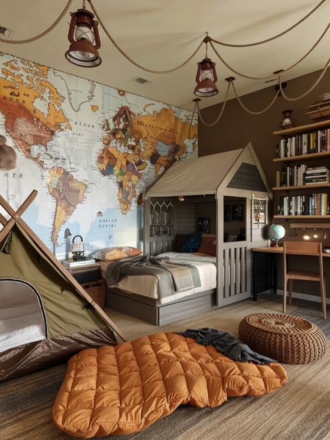 21 Teen Boy Bedroom Decor Ideas – The DIY Desire Mountain Room Ideas, Vintage Camping Bedroom, Big Kid Room Boy Bedrooms, Kids Adventure Bedroom, Boys Canopy Bed, Camping Kids Room, Boy Room Makeover Ideas, Nerf Bedroom Ideas, Teen Boy Shared Bedroom