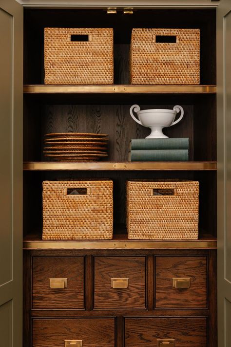 Rattan Storage & Accessories for the Home | Rebecca Udall Storage Baskets On Shelves, Boot Room Storage Baskets, Rattan Storage Baskets, Wicker Basket Storage Unit, Rattan Basket Decor, Mud Room Baskets, Alcove Bookshelves, Rattan Accessories, Room Pantry