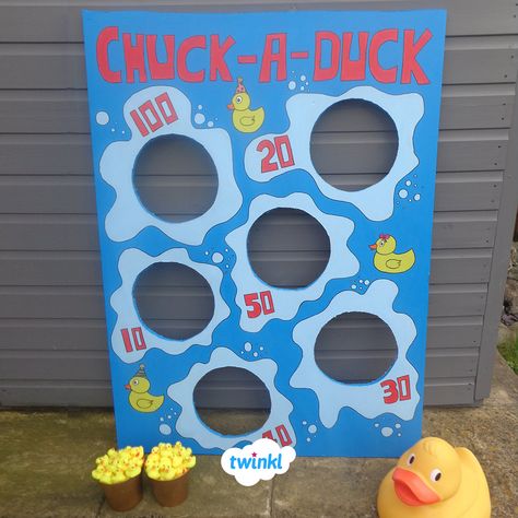 Create your own version of a school fair classic, turning Hook A Duck into Chuck-a-Duck for a fun summer fair game. Who will get the highest score? Visit the Twinkl website to check out all of Twinkl's summer fair teaching resources and activities for more inspiration! #chuckaduck #hookaduck #summerfair #summergames #fairground #teaching #teacher #teachingresources #twinkl #twinklresources #diycrafts #craftsforkids #school #homeeducation #childminders Hook A Duck, Diy Carnival Games, Fall Festival Games, Carnival Games For Kids, Fall Carnival, Diy Carnival, Festival Games, School Fair, Kids Carnival