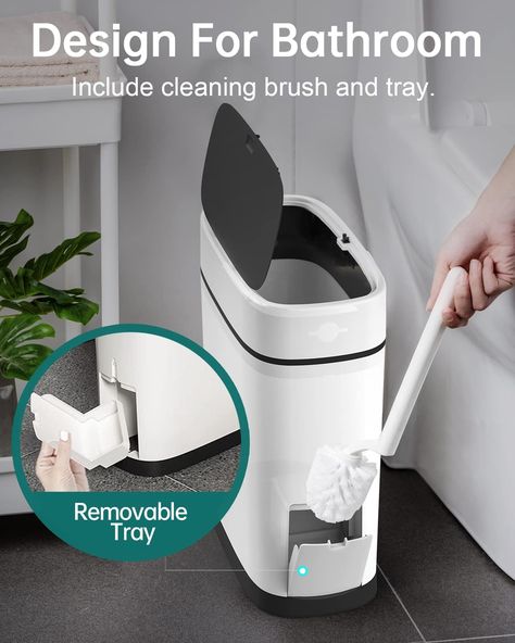 Amazon.com: WOA WOA 3.7 Gallons Bathroom Trash Can with Toilet Brush Holder | 14 Liter White Plastic Garbage Can with Black Locking Press Top Lid | Dogproof Slim Rectangular Trash Bin for Toilet : Home & Kitchen Small Bathroom Trash Can Ideas, Bathroom Trash Can Ideas, Bathroom Bins, Trash Can Bathroom, Garbage Can Storage, Bathroom Waste Basket, Cleaning Supply Storage, Apt Decor, Garbage Containers