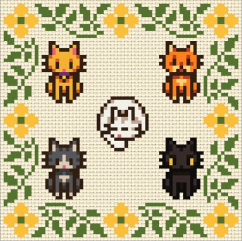 Adorable pattern of all 5 cats in the Stardew Valley game Stardew Valley Cat Pixel Art, Stardew Wallpaper Desktop, Stardew Valley Pixelart, Cross Stitch Patterns Dog, Stardew Valley Blanket, Cross Stitch Round Border, Stardew Valley Grid Pattern, Cross Stitch Patterns Stardew Valley, Craft Hobby Ideas